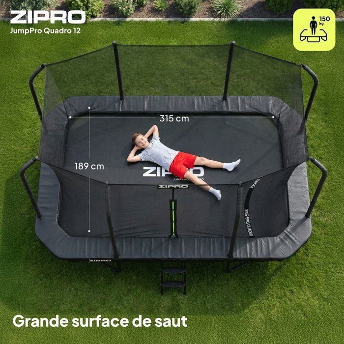ZIPRO JumpPro Quadro Rectangular Trampoline 8x12FT (244x366cm) - Internal Safety Net + Ladder - 150kg Load Capacity