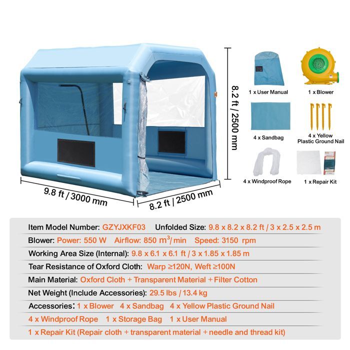 Cabine de Peinture Gonflable - DUOKU - 3x2,5x2,5m - Souffleur 550W - Peinture Motos - Tissu Oxford