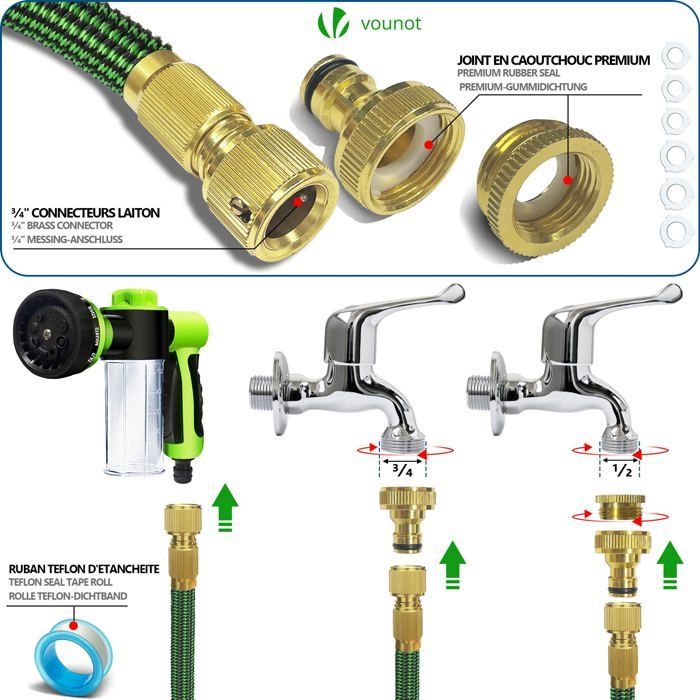 Manguera de jardín extensible reforzada VOUNOT® de 15 m, color verde, con depósito de jabón, 8 modos de funcionamiento, conector y bolsa de almacenamiento incluidos.
