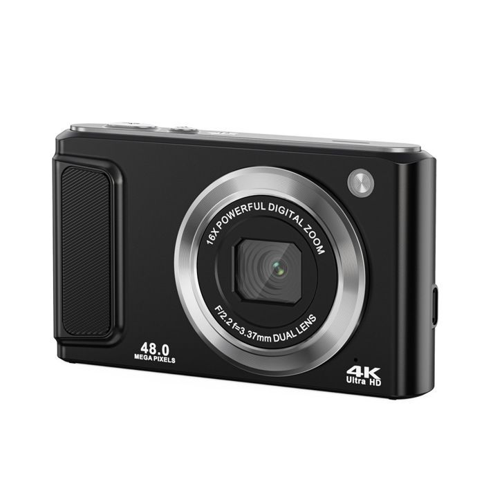 Câmera digital INF 4K HD com lentes frontal e traseira e estabilização, preta.