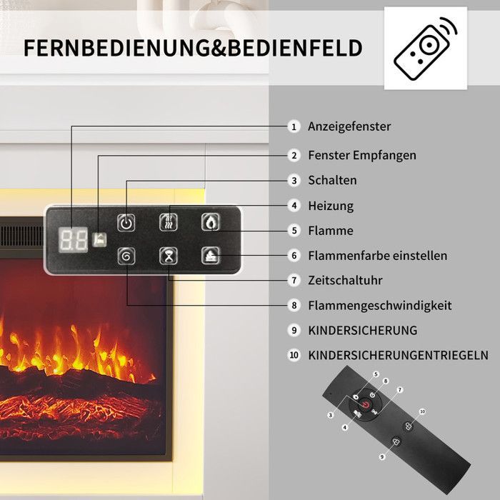 Chimenea eléctrica de 101 cm – Llamas 3D – LED – 1500 W – Pantalla táctil y mando a distancia – Mueble incluido – Blanca