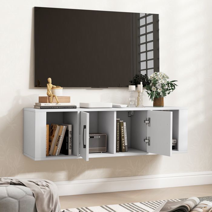 Meuble Étagère Murale à 2 Portes COSTWAY, Armoire de Rangement Flottant à 2 Cubes Ouverts sous Télévision Bureau de Console, Blanc