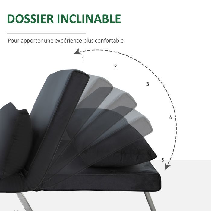 Sillón/sofá cama convertible - HOMCOM - 1 plaza con funda extraíble para máximo confort - metal efecto ante - negro
