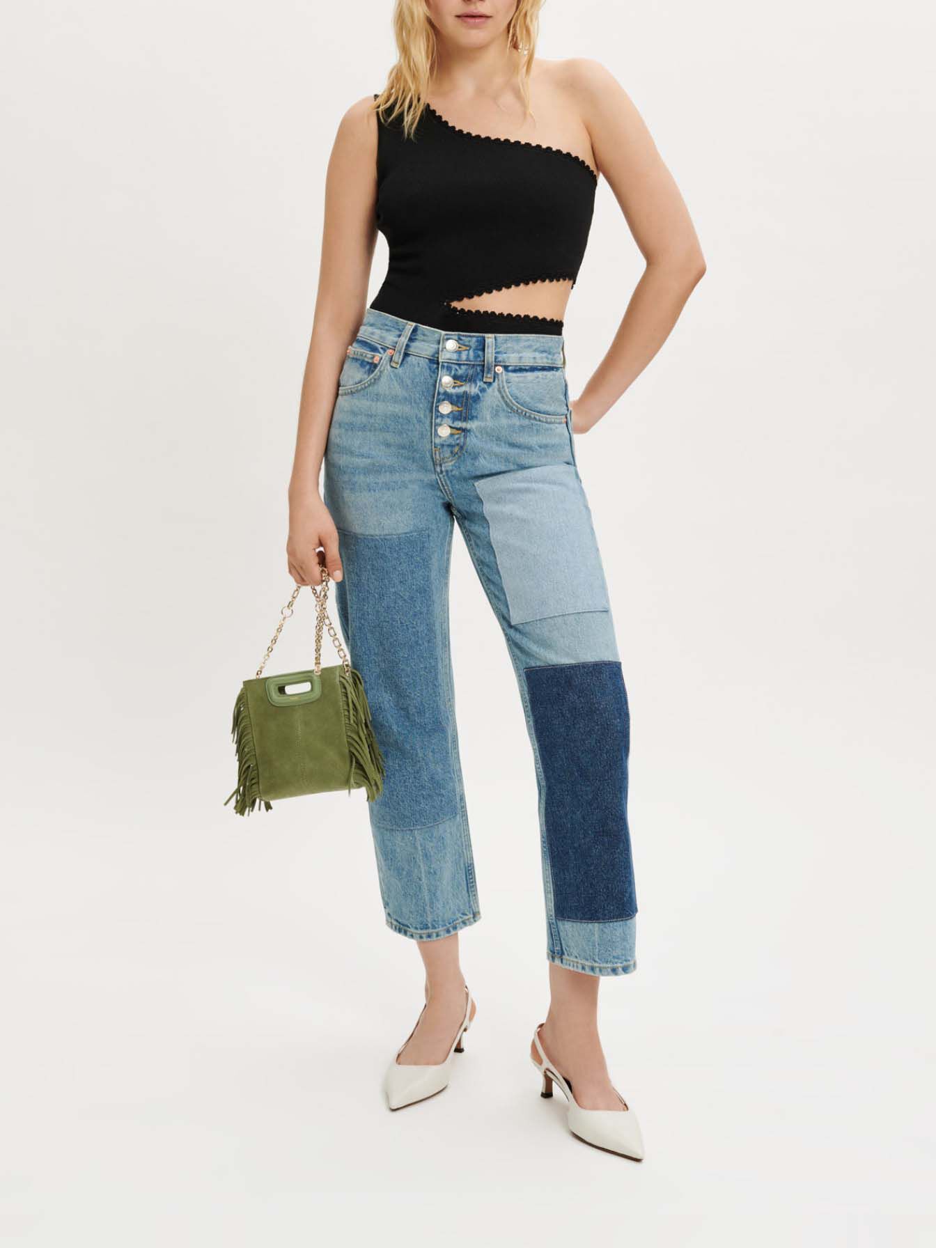 Gebreide bodysuit met één schouder - Zwart