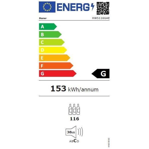 Cave à vin de vieillissement - HAIER HWS116GAE - Pose libre - 116 bouteilles H126.5 x L59,5 cm - Noir
