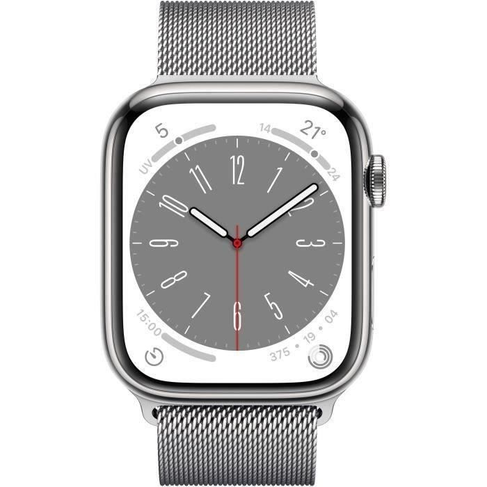 Apple Watch Series 8 GPS + Cellular - 45 mm - Caja de acero inoxidable plateado - Brazalete plateado (2022) - Reacondicionado - Excelente