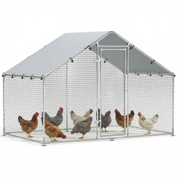 Gallinero PawHut - puerta con cerradura - 5-8 gallinas - cubierta impermeable y resistente a los rayos UV - acero galvanizado - 3x1,7x1,9 m - plateado