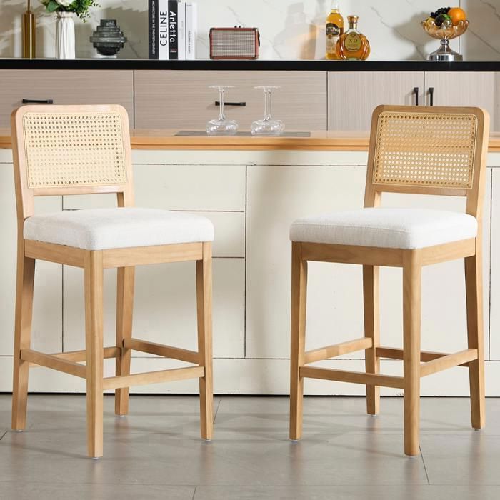 Chairus Bar Stool Set of 2 Wooden Bar Stools, Stools with Rattan Backrest, High Bar Chairs for Kitchen, Chenille, White
