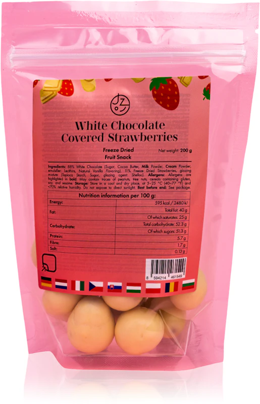 Comemos morangos liofilizados saudáveis com chocolate branco, 200 g de fruta liofilizada com chocolate.