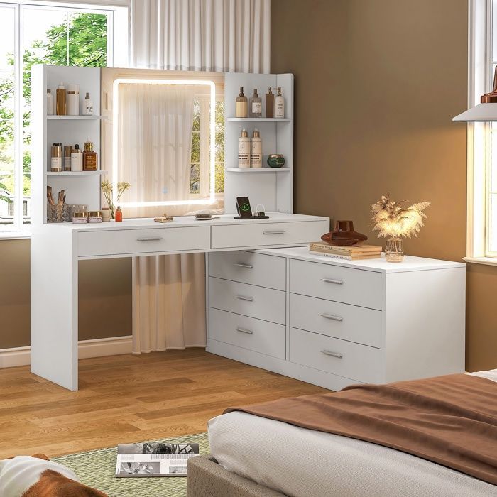 TEENFON Dressing Table with LED Mirror and Charging Station, Corner Dressing Table with 8 Drawers and 4 Shelves, (100+90)*40*135cm, White