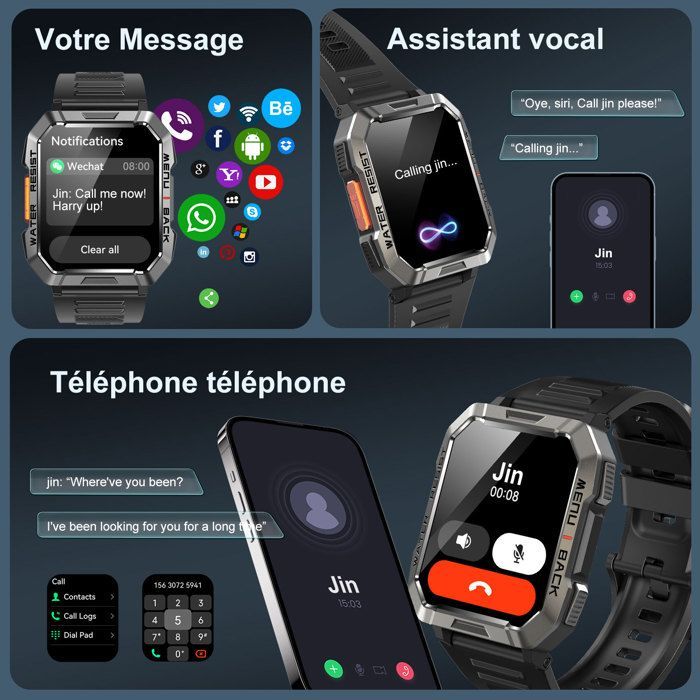 Blackview Montre Connectée Homme - Batterie 900 mAh - Boussole - Lampe de poche - Smartwatch Compatible Android iOS Samsung Huawei