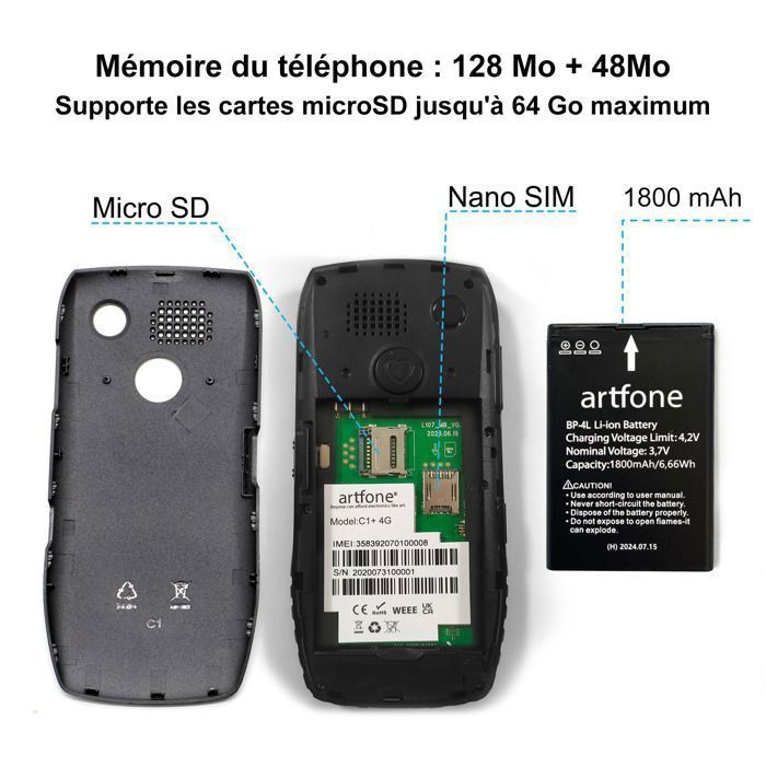 Artfone C1+ 4G Téléphone Portable Sénior,Batterie 1800mAh,Bouton SOS avec Grandes Touches,Haut-parleur stéréo,Radio FM ,Lampe Torche