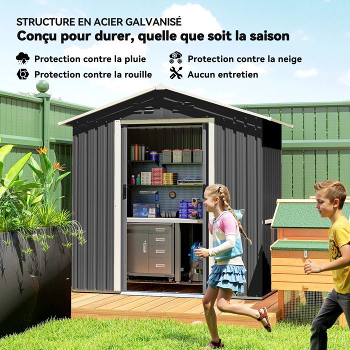 Abri de jardin en métal - cabane de jardin à outils en métal - 1,8 m² - 194 x 107 x 191 cm - portes coulissantes - gris foncé