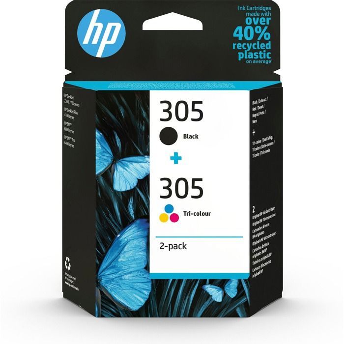 2-pack of original HP 305 black and tri-color ink cartridges
