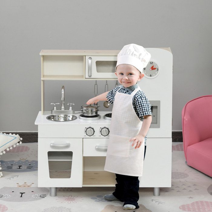 Cocina infantil - HOMCOM - Cocina de juguete con aspecto de madera, con numerosos accesorios y espacio de almacenamiento - MDF Pino - Roble claro Blanco