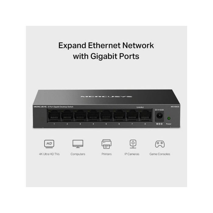 Switch Gigabit Ethernet - MERCUSYS - MS108GS - 8 porte - Alloggiamento in metallo - Silenzioso