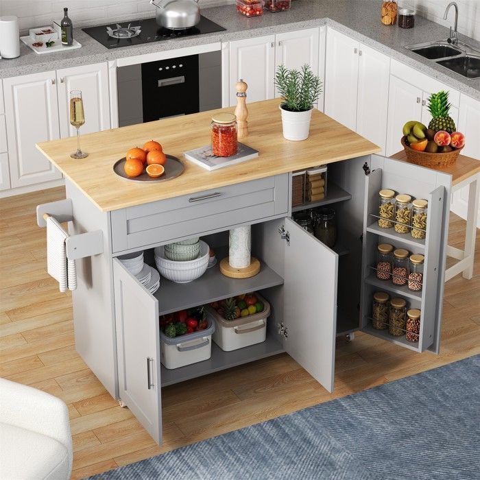 Abrihome Folding Mobile Kitchen Table in Grey Oak, with Spice Rack, Towel Rail and 5 Wheels, 132 x 44 x 90 cm