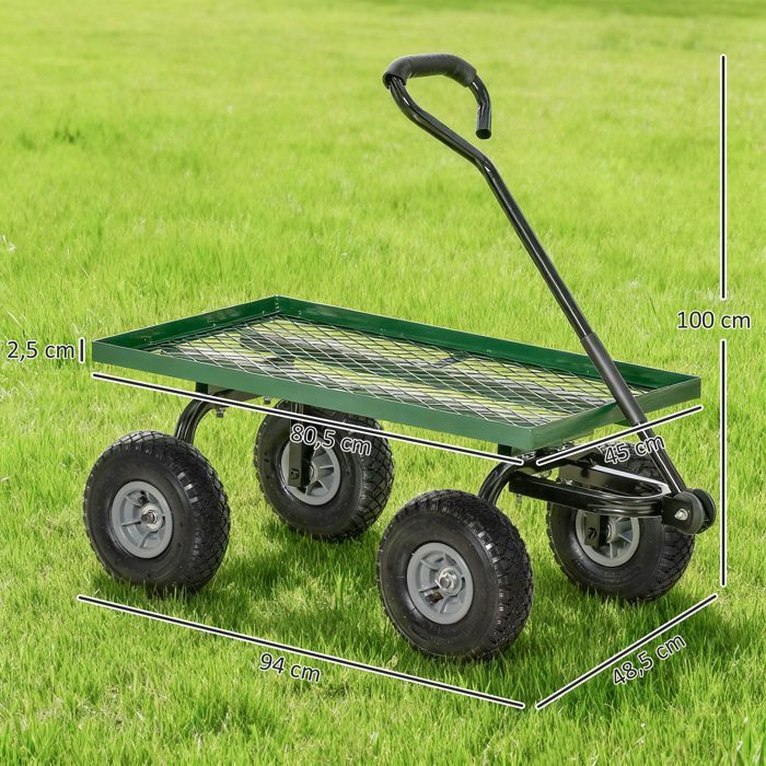 Carro de transporte para jardín - Outsunny - remolque de mano, carro de mano de 4 ruedas, capacidad de carga de 150 kg - metal - 94x48x100cm - verde