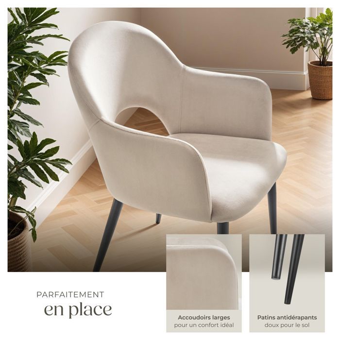 Cadeiras - TECTAKE - Conjunto de 6 poltronas SACHEL com estofamento em veludo, capacidade máxima de carga 120 kg, com pés de aço - Creme