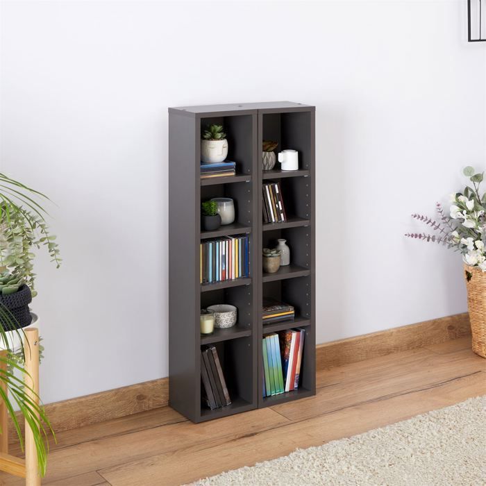 Modulares Musikregalsystem für CDs und DVDs, 2-teiliges Säulenregal mit 10 Fächern, aus mattgrauem Melamin