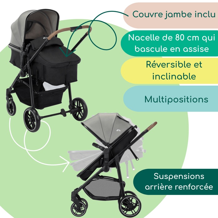 Passeggino BEBECONFORT HAZE TRIO LUX 3 in 1, con navicella + seggiolino auto i-Size + parapioggia + borsa fasciatoio, 0-22 kg, grigio fumé.