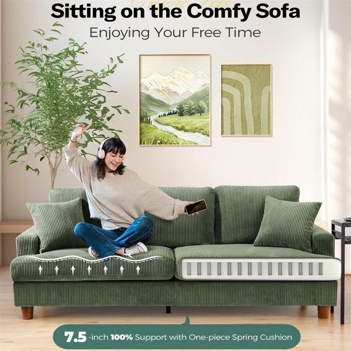 Large 3-Seater Green Corduroy Sofa, Scandinavian Style Sofa for the Living Room with 3 Cushions and 2 Pillows, 220×76×84cm