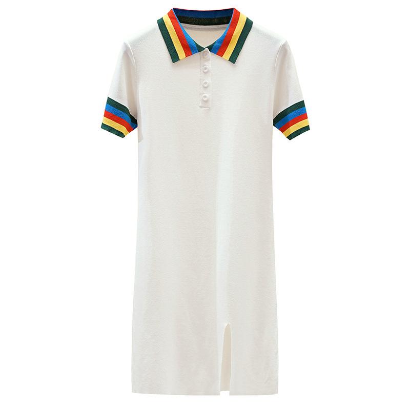 Robe d'été pour femme, col rabattu, maille arc-en-ciel, boutons nacrés, manches courtes, coupe cintrée, taille haute, style décontracté trapèze