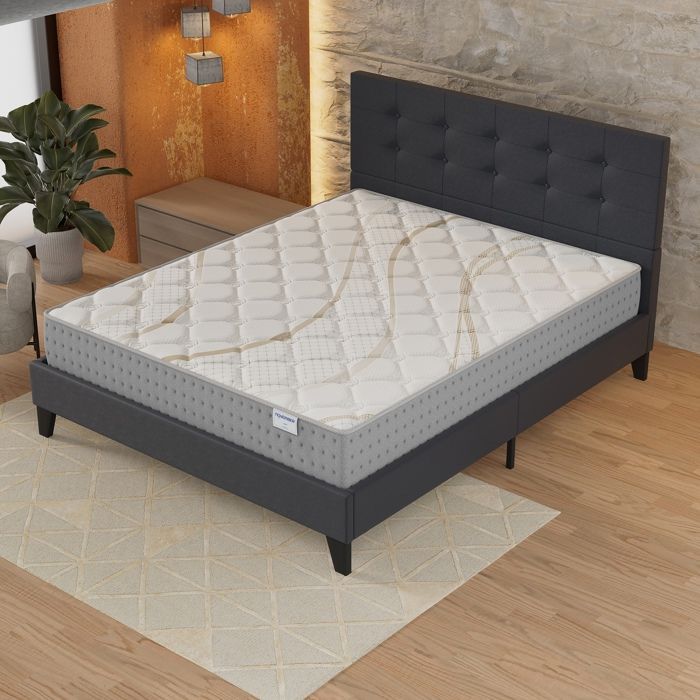 Colchón y cama (140x190cm) - Muelles ensacados Essem de 25cm y espuma de alta densidad + base de láminas estable y cabecero tapizado en negro.