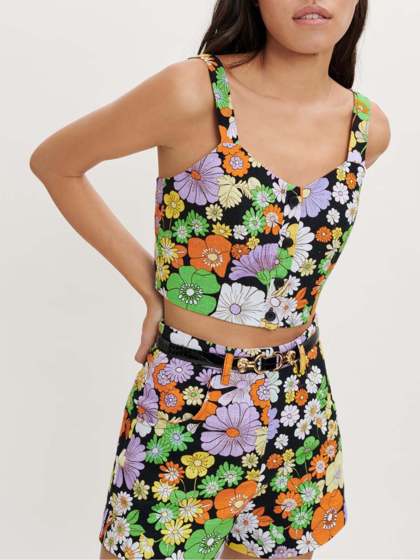 Top scurt cu imprimeu floral - Flower power noir