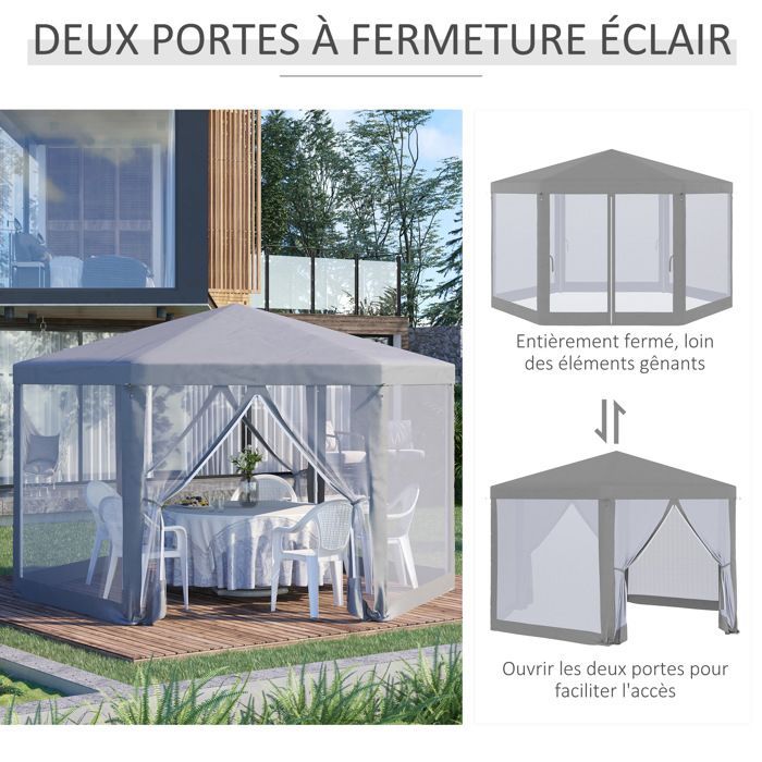 Tonnelle barnum tente de réception hexagonale style cosy 400x350x250cm métal polyester imperméabilisé gris |