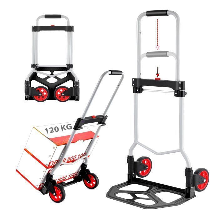 Carretilla plegable de aluminio, capacidad de 120 kg, carretilla de mano portátil con altura ajustable y ruedas de goma.