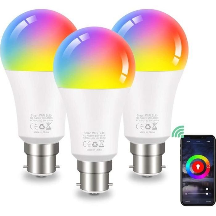 Lampadina LED intelligente WiFi dimmerabile da 9W 1000Lm, attacco B22, compatibile con Alexa, Echo e Google Home, confezione da 3