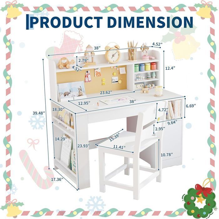 Kinderbureau met stoel - 97x47x101 cm - 1 kast met deur + boekenplank bovenop + prikbord - wit