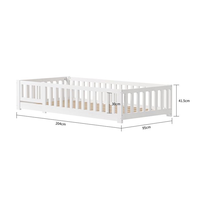 Letto per bambini 90x200 - Letto a pavimento per bambini con sponde di sicurezza - Legno massello di pino - Letto basso Montessori con base a doghe - Bianco