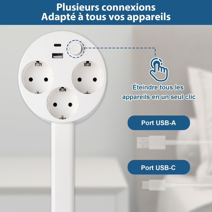 Multiprise avec 3 Prises, USB-C et USB-A, 47-67 cm Câble Extensible, Multiprises avec Interrupteur, Murale, pour Bureau, Bureau