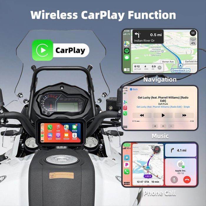 Pantalla de navegación digital portátil de 6,25 pulgadas para salpicadero de motocicleta, monitor inalámbrico con CarPlay y Android Auto.