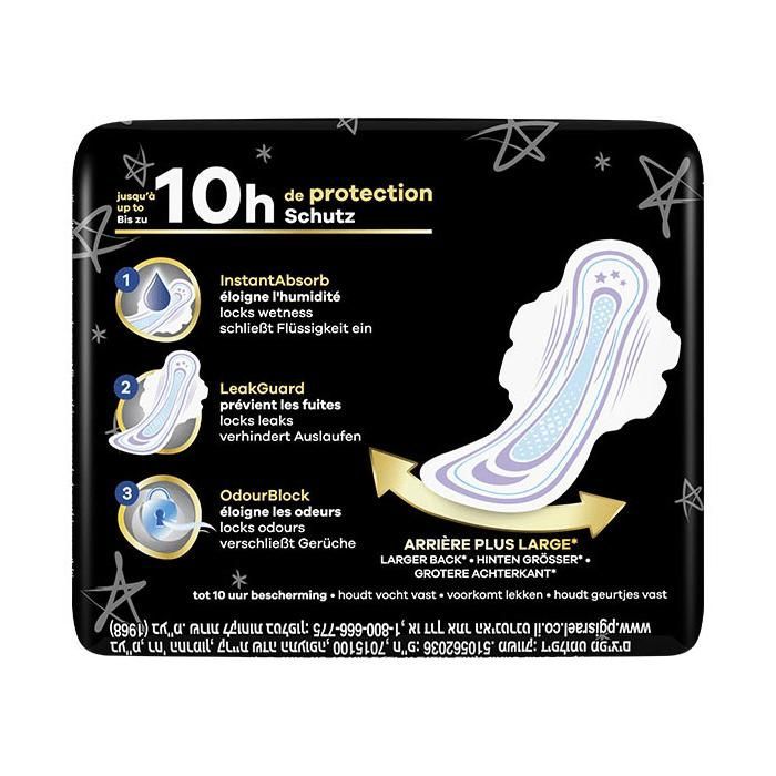 Absorventes noturnos Always Ultra Secure com abas, tamanho 4, pacote com 9 unidades.