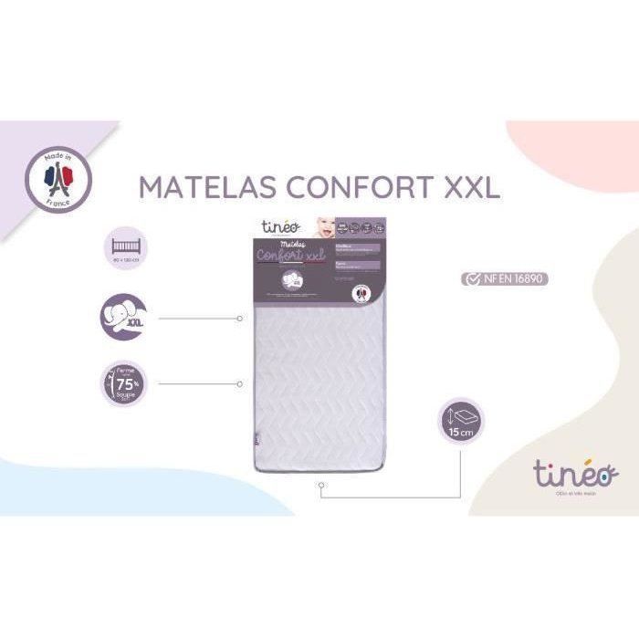 Matelas Bébé Confort XXL TINEO 60x120x15cm - Sans Traitement - Fabriqué En France - Garantie 2 Ans