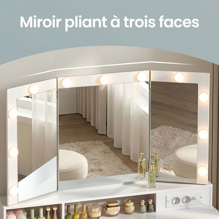 Coiffeuse avec 9 Tiroirs, Miroir Triple Pliable, Éclairage LED 3 Couleurs, Chambre, Multiprise Intégrée, Blanc