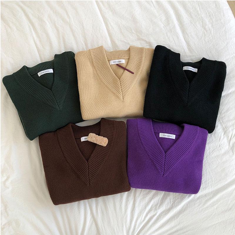 Maglioni da donna caldi in maglia a tinta unita, stile coreano, con scollo a V ampio, in 5 colori.