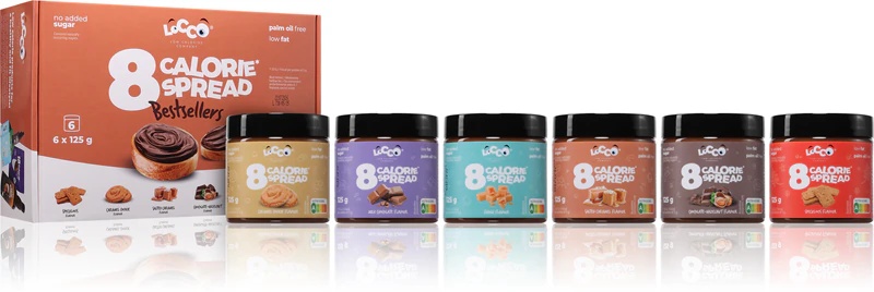 „Locco 8 Calorie Spread“ mažai kalorijų turintis saldus sumuštinių užtepėlių rinkinys
