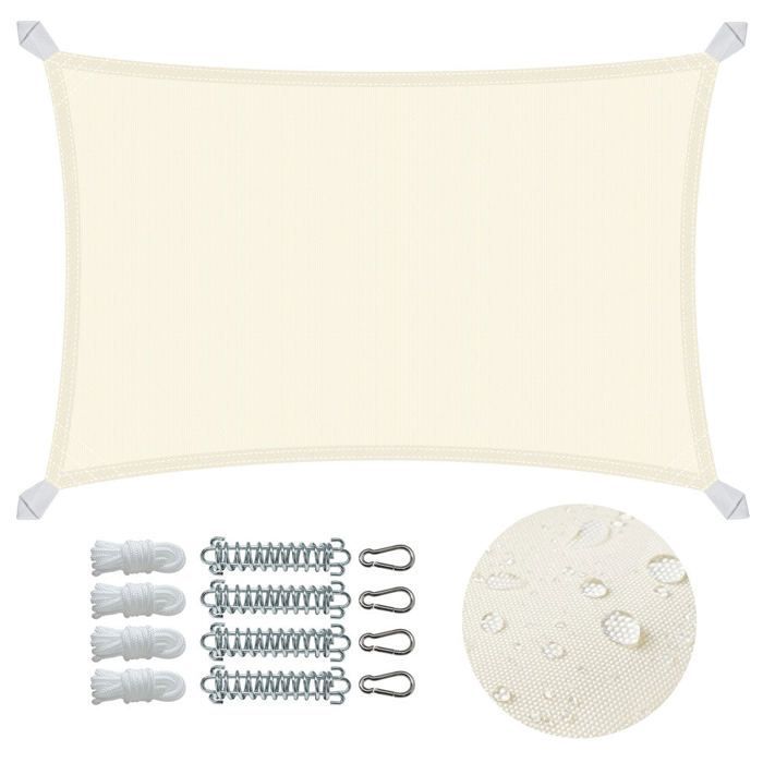 Vela de sombra rectangular impermeable de poliéster VOUNOT® con kit de montaje, 3x2 m, color beige.