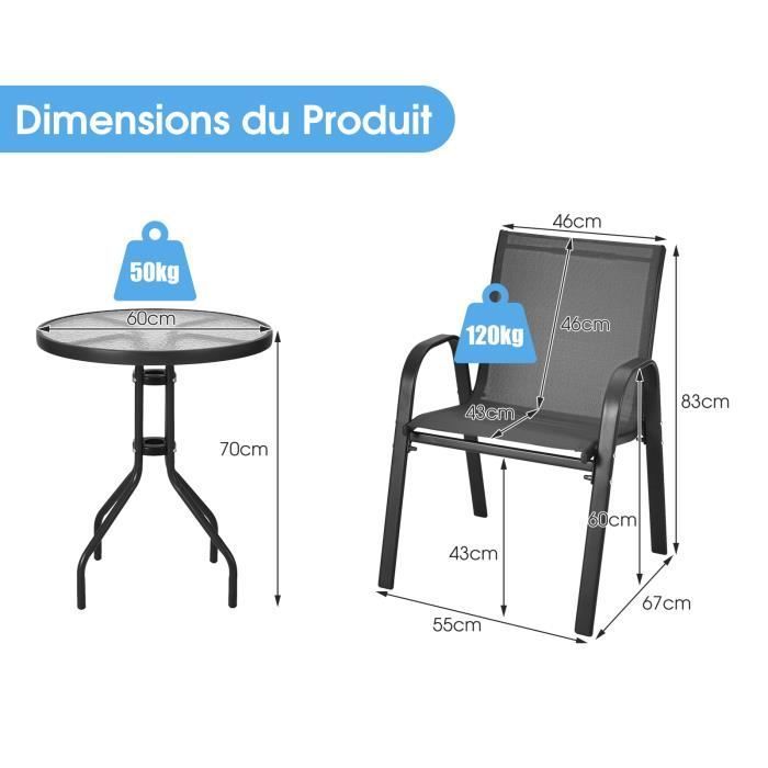 COSTWAY Salon de Jardin 3 Pièces - 1 Table de Jardin Exterieur avec 2 Fauteuils, Plateau Ø 60 cm en Verre Trempé Cadre en Acier