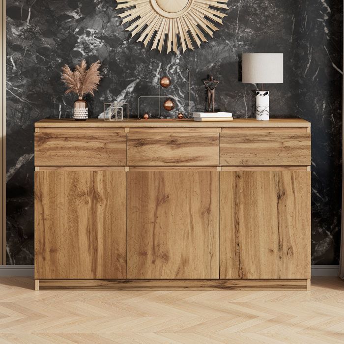 Niedriges Sideboard 135×40×81 cm mit 3 Türen und 3 Schubladen, Wohnzimmer-Sideboard mit Stauraum, Küchen-Sideboard in Holzoptik