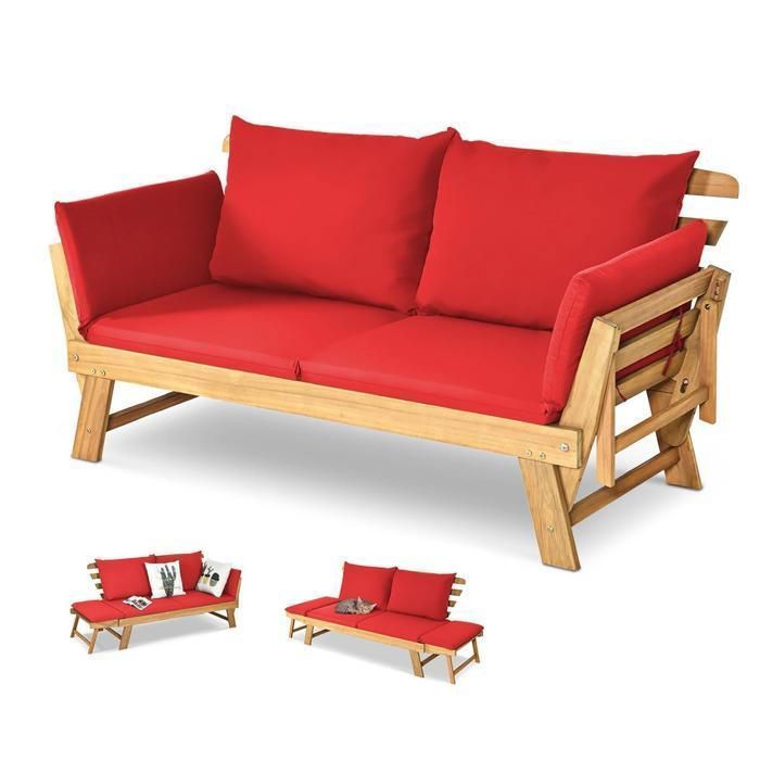 GIANTEX Canapé Lit de Jardin Extensible-2 Place-Coussin-Oreiller-FSC-Fauteuil Extérieur&Intérieur-Bois d'Acacia-Charge 320KG-Rouge