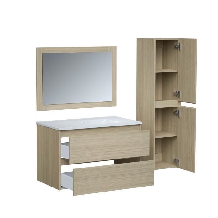 Conjunto de baño - Mueble de lavabo W80 + espejo + armario alto - MADERA