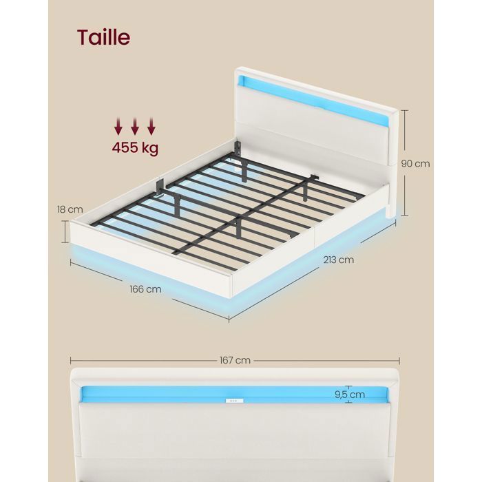 Struttura letto matrimoniale VASAGLE, 160 x 200 cm, letto sospeso, letto con illuminazione a LED, testiera alta, multipresa, bianco