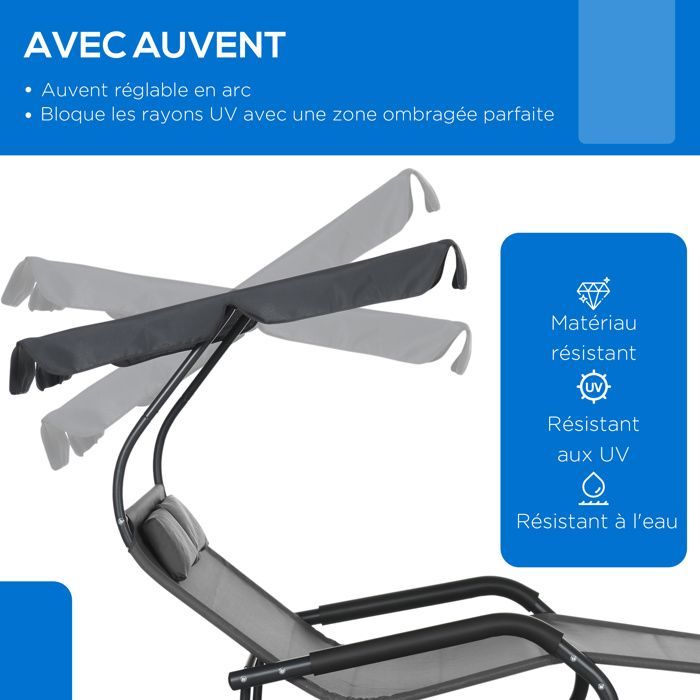 Chaise longue - Outsunny - avec toit solaire, appui-têtes détachables et 2 roues - pour 2 personnes - bascule, ergonomique - noir