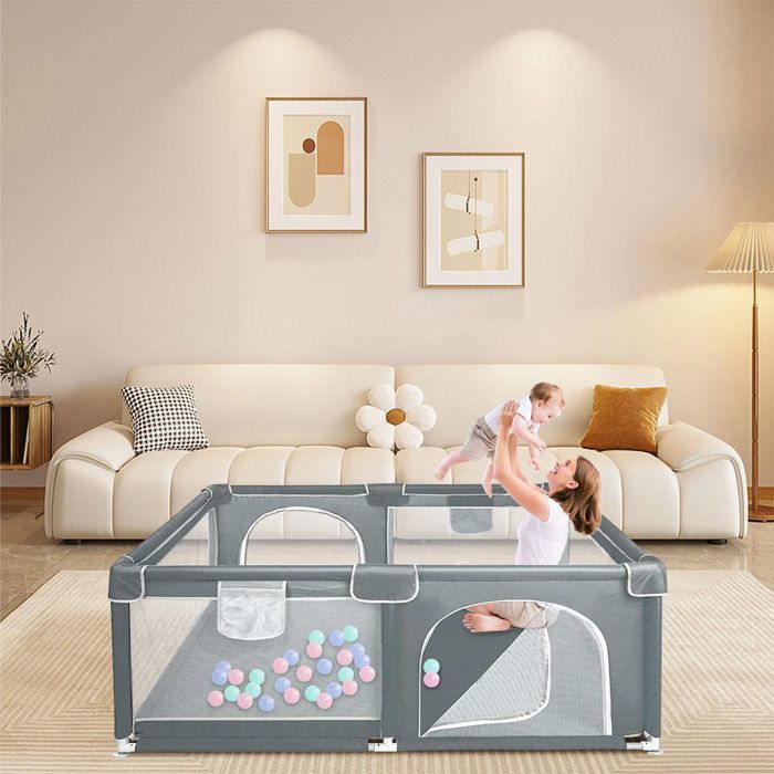 XXL Baby Playpen - MIPAN - With Zipped Door + Storage Bag - Can Be Chewed - Anti-collision - For 3-4 Years - 120*160*66cm - Grey