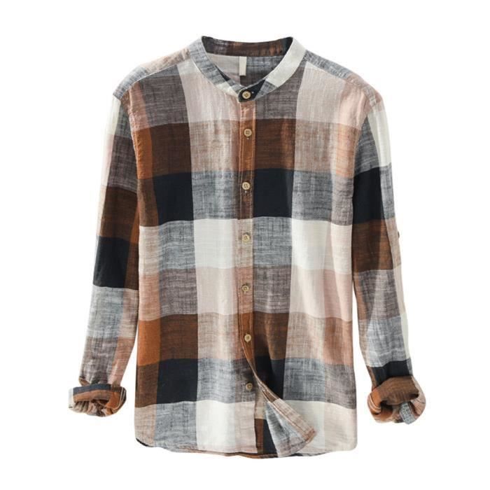 Camisa de lino natural de manga larga para hombre - FUNMOON - Estampado a cuadros - Cuello mandarín